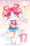  1girl angel_wings back_bow bishoujo_senshi_sailor_moon blue_eyes blue_sailor_collar blue_skirt boots bow bowtie chibi_chibi choker double_bun female_child gloves hair_bun hair_ornament heart heart_choker heart_hair_bun highres holding holding_staff knee_boots looking_at_viewer mini_wings pleated_skirt puffy_short_sleeves puffy_sleeves red_bow red_bowtie red_hair sailor_chibi_chibi sailor_collar sailor_senshi_uniform sarashina_kau short_sleeves sidelocks skirt solo staff tiara twitter_username white_footwear white_gloves white_wings wings 