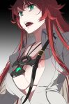  1girl ankh_necklace belt bodysuit breasts breasts_out center_opening collarbone cross cross_necklace green_eyes guilty_gear guilty_gear_strive highres jack-o&#039;_valentine jewelry large_breasts long_hair multicolored_hair necklace nipples open_mouth parted_lips red_hair solo touniyuu two-tone_hair upper_body white_bodysuit white_hair 