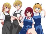  1boy 3girls :3 apron arima_kana arms_behind_back black_apron blonde_hair blue_apron blue_eyes blush bob_cut bow bowtie breasts brother_and_sister cleavage collared_shirt commentary cowboy_shot crossed_arms crossed_bangs crossed_legs demon_horns dress_shirt fake_horns grabbing_own_arm hair_between_eyes half_updo hand_up highres holding holding_paper horns hoshino_aquamarine hoshino_ruby inverted_bob kusana_(kusana47454281) long_hair looking_at_viewer medium_breasts medium_hair memcho mismatched_pupils multiple_girls no_pupils open_mouth oshi_no_ko paper pink_eyes red_bow red_bowtie red_eyes red_hair shirt short_hair short_sleeves siblings sidelocks simple_background sitting smile star-shaped_pupils star_(symbol) symbol-shaped_pupils twins white_background white_shirt 