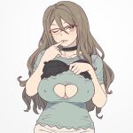  1girl absurdres black_bra black_choker bra bra_over_clothes breasts brown_hair choker cleavage cleavage_cutout clothing_cutout covered_nipples finger_to_mouth glasses hair_between_eyes highres large_breasts lips long_hair looking_at_viewer lycoris_recoil nakahara_mizuki one_eye_closed onsen_tamago_(hs_egg) red-framed_eyewear shirt short_sleeves simple_background solo underwear 