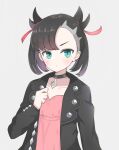  1girl black_hair blue_eyes choker earrings frown hair_ribbon highres jacket jewelry long_sleeves looking_at_viewer marnie_(pokemon) pendant_choker pokemon prst_pictuer ribbon short_hair solo two_side_up undercut upper_body v-shaped_eyebrows 