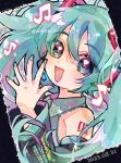  1girl ahoge blue_hair blue_nails blush collared_shirt dated detached_sleeves doradorakingyo eyelashes fang grey_shirt hair_between_eyes hatsune_miku heart heart_in_eye highres long_hair looking_at_viewer musical_note nail_polish number_tattoo open_mouth shirt shoulder_tattoo solo symbol_in_eye tattoo twintails vocaloid 