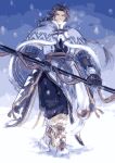  1boy bara closed_eyes commentary_request holding holding_weapon long_hair looking_at_viewer ma_sa_to male_focus ponytail smile snow snowing solo tonbokiri tonbokiri_(touken_ranbu) touken_ranbu walking weapon 