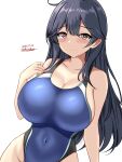  1girl ahoge black_hair black_one-piece_swimsuit blue_one-piece_swimsuit blush breasts brown_eyes competition_swimsuit covered_navel cowboy_shot dated highres kantai_collection large_breasts long_hair looking_at_viewer montemasa multicolored_clothes multicolored_swimsuit one-hour_drawing_challenge one-piece_swimsuit simple_background smile solo swimsuit twitter_username two-tone_swimsuit ushio_(kancolle) white_background 