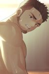  1boy bara cropped dark-skinned_male dark_skin goburin_second looking_back male_focus mature_male muscular muscular_male muscular_uke original paid_reward_available pectorals saliva short_hair solo sunlight sweat thick_eyebrows upper_body very_sweaty 