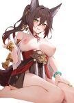  1girl animal_ears bare_legs bare_shoulders barefoot bracelet breasts brown_hair commentary fox_ears fox_girl fox_tail gradient_hair green_eyes green_nails hair_between_eyes hair_ornament highres holding honkai:_star_rail honkai_(series) jewelry kneeling large_breasts long_hair looking_at_viewer multicolored_hair nail_polish nipples open_mouth ponytail red_hair ru_zhai simple_background smile symbol-only_commentary tail thighs tingyun_(honkai:_star_rail) white_background 
