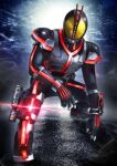  1boy armor belt black_bodysuit bodysuit city_lights cityscape commentary compound_eyes dark dorsal_fin driver_(kamen_rider) faiz_driver finishing_move glowing glowing_eyes glowing_lines grey_armor helmet highres kamen_rider kamen_rider_555 kamen_rider_faiz male_focus masukudo_(hamamoto_hikaru) md5_mismatch mixed-language_commentary neon_trim outdoors red_trim resolution_mismatch rider_belt shoulder_armor solo source_larger squatting tokusatsu 