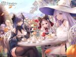  5girls absurdres ahoge august_von_parseval_(azur_lane) azur_lane black_thighhighs blue_eyes blue_hair breasts brest_(azur_lane) closed_mouth detached_sleeves dress glasses gloves green_eyes guichen_(azur_lane) hair_over_one_eye hat hi-na1 highres l&#039;opiniatre_(azur_lane) large_breasts long_hair long_sleeves looking_at_another looking_at_viewer multiple_girls official_art outdoors parted_lips pointy_ears purple_gloves purple_hair red_eyes sitting smile thighhighs vampire_(azur_lane) white_dress white_gloves white_hair white_headwear white_thighhighs witch_hat 