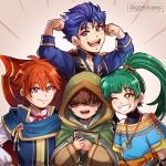  1girl 1other 2boys aged_down arms_up blue_cape blue_eyes blue_hair book cape cloak eliwood_(fire_emblem) fire_emblem fire_emblem:_the_blazing_blade fire_emblem_heroes flexing friends green_eyes green_hair green_hood grin gzei hair_over_eyes hand_on_own_hip hector_(fire_emblem) highres holding holding_book hood hooded_cloak jewelry lyn_(fire_emblem) mark_(fire_emblem:_the_blazing_blade) multiple_boys necklace necktie no_eyes official_alternate_costume one_eye_closed open_mouth pout red_cape red_necktie smile teeth undershirt upper_teeth_only watermark 