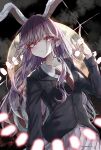  1girl @_@ animal_ears black_jacket blazer closed_mouth collared_shirt commentary full_moon hegata_(hegatia_lapis) highres index_finger_raised jacket long_hair looking_at_viewer moon necktie pleated_skirt purple_hair rabbit_ears rabbit_girl red_eyes red_necktie reisen_udongein_inaba shirt skirt solo touhou white_shirt white_skirt 