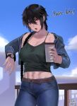  1girl abs belt black_hair blue_sky braid braided_ponytail breasts cleavage cloud coffee_cup cowboy_shot cup day disposable_cup english_text frown holding holding_cup hunyan jacket looking_at_viewer open_mouth original pants sky solo standing watch wristwatch 