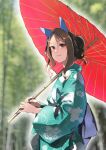  1girl absurdres animal_ears blurry blurry_background blush brown_hair dress ear_covers floral_print green_dress hair_between_eyes highres holding holding_umbrella horse_ears horse_girl japanese_clothes kakuteru_sudachi kimono king_halo_(umamusume) long_sleeves looking_afar obi oil-paper_umbrella print_kimono red_eyes red_umbrella sash smile solo umamusume umbrella upper_body wavy_hair wide_sleeves yukata 