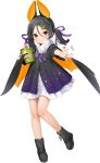  1girl animal_ears bat_ears bat_wings black_dress black_hair bucket candy dress fake_wings food full_body hair_ornament hair_ribbon halloween_costume hoshiakari_(c2_kikan) inagi_(kancolle) kantai_collection long_hair official_art purple_ribbon ribbon solo twintails wings 