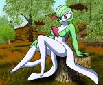  big_breasts bottomwear breasts clothing dress female forest gardevoir generation_3_pokemon green_body green_hair green_skin hair hand_on_knee hand_on_leg hi_res humanoid looking_at_viewer nikku_lunatique nintendo plant pokemon pokemon_(species) red_eyes sitting skirt solo tree white_body white_skin 