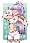  1girl arm_up blunt_bangs blush border breasts clover_print collarbone commission commission_watermark curryta-art dripping english_commentary exhausted eyelashes flower hair_flower hair_ornament highres holding holding_towel jewelry light_purple_hair long_hair looking_at_viewer navel new_game! open_mouth ponytail pov purple_eyes purple_hair ribs ring shorts small_breasts sports_bra sportswear stomach strap_pull suzukaze_aoba sweat towel white_border workout_clothes 