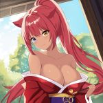  1girl animal_ears bare_shoulders breasts cat_ears cat_girl cleavage collarbone dark-skinned_female dark_skin highres japanese_clothes kimono large_breasts long_hair multicolored_eyes off_shoulder original ponytail red_hair simple_background smoking_pipe tan zeropen 