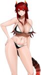  1girl bare_shoulders bikini breasts cleavage dola_(nijisanji) fang hand_on_own_hip highres horns large_breasts long_hair looking_at_viewer navel nijisanji open_mouth red_eyes red_hair senju_(snz0) silver_bikini simple_background solo swimsuit tail virtual_youtuber white_background 