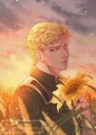  1boy absurdres blonde_hair cheekbones collared_shirt color_connection darkbutterfly field flower flower_field highres holding holding_flower male_focus reiner_braun shingeki_no_kyojin shirt short_hair solo sunflower sunset upper_body watermark yellow_theme 