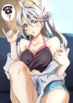  1girl :o ? absurdres ahoge blush breasts cleavage collarbone couch grey_hair gundam gundam_build_metaverse highres kotatuman_dash large_breasts long_hair looking_at_viewer one_side_up phone red_eyes short_shorts shorts sitting solo speech_bubble torn_clothes torn_shorts urutsuki_seria 