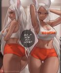  1girl animal_ears arms_behind_head arms_up ass ass_visible_through_thighs back bare_shoulders boku_no_hero_academia breasts cleavage crop_top dark-skinned_female dark_skin employee_uniform english_text funi_xd highres hooters large_breasts long_eyelashes long_hair looking_at_viewer median_furrow midriff mirko multiple_views navel no_legwear orange_shorts parted_bangs parted_lips patreon_username print_tank_top rabbit_ears rabbit_girl red_eyes short_shorts shorts smile speech_bubble stomach tank_top thick_thighs thigh_gap thighs toned uniform very_long_hair white_hair white_tank_top 