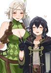  1girl 2girls absurdres ahoge alternate_hair_color bare_shoulders black_hair blue_eyes blush book breasts circlet cleavage closed_eyes collarbone commission feathers fire_emblem fire_emblem_awakening flying_sweatdrops gloves highres holding holding_book hood large_breasts long_sleeves morgan_(female)_(fire_emblem) morgan_(fire_emblem) multiple_girls noire_(fire_emblem) open_mouth pickel_(ddtt8858) short_hair simple_background skeb_commission sleeveless smile v white_background 