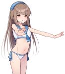  1girl absurdres blunt_bangs blush bow brown_eyes brown_hair collarbone hair_bow highres idolmaster idolmaster_cinderella_girls long_hair navel outstretched_arms rfeulgen sailor_bikini sailor_collar sailor_swimsuit_(idolmaster) simple_background smile solo very_long_hair white_background yorita_yoshino 