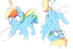  1other animal ass blonde_hair blue_hair blush green_hair hands_on_own_crotch highres holding holding_animal multicolored_hair my_little_pony my_little_pony:_friendship_is_magic pink_eyes pony_(animal) pudgeruffian rainbow_dash rainbow_hair red_hair tattoo 