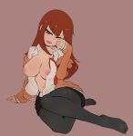  1girl belt blue_eyes blush breasts highres makise_kurisu nipples on_floor one_eye_closed open_mouth red_hair simple_background solo spicy_bardo steins;gate teeth white_belt 