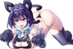  1girl animal_hands ass blue_eyes blue_hair blue_ribbon breasts cat_girl chain_headband fang gloves hair_intakes hololive hololive_english hot_vr large_breasts looking_at_viewer open_mouth ouro_kronii paw_gloves ribbon short_hair skin_fang solo thighs thong virtual_youtuber 