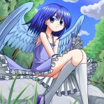  1girl blue_dress blue_eyes blue_hair blue_sky blue_wings cloud collarbone dress feathered_wings frilled_dress frills grass highres looking_at_viewer medium_hair nature original outdoors rock sitting sky smile solo sws thighhighs tree white_thighhighs wings 