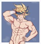  1boy abs armpits averting_eyes bara biceps blonde_hair blush completely_nude cowboy_shot fate/grand_order fate_(series) fingerless_gloves gloves hand_in_own_hair headband male_focus mature_male muscular muscular_male navel navel_hair nipples nude official_alternate_hairstyle one_eye_closed out-of-frame_censoring pectorals sakata_kintoki_(fate) sakata_kintoki_(heian_warrior_attire)_(fate) short_hair shy solo spiked_hair stomach yaekaidou 