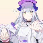  1girl bag commentary_request cup disposable_cup frown girls&#039;_frontline green_eyes grey_hair hair_ornament hat hk416_(girls&#039;_frontline) hk416_(white_negroni)_(girls&#039;_frontline) holding holding_bag holding_cup jewelry long_hair looking_at_viewer mao_jian_hiko necklace off_shoulder official_alternate_costume plastic_bag simple_background solo teardrop_facial_mark upper_body weibo_username 
