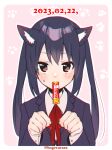  1girl animal_ears artist_name black_hair black_jacket blazer blush border brown_eyes cat_day cat_ears commentary_request dated highres hogerarara jacket k-on! long_hair long_sleeves looking_at_viewer mouth_hold nakano_azusa neck_ribbon paw_pose paw_print paw_print_background pink_background red_ribbon ribbon sakuragaoka_high_school_uniform school_uniform sidelocks solo sweatdrop twintails twitter_username upper_body watermark white_border winter_uniform 