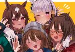  4girls ;) ^_^ animal_ears beanie black_gloves blue_coat blunt_bangs blush border brown_hair brown_headwear closed_eyes coat domino_mask ear_scrunchie ears_through_headwear el_condor_pasa_(umamusume) facing_viewer fingerless_gloves gloves gold_ship_(umamusume) green_jacket grey_hair grey_headwear hair_between_eyes hat highres horse_ears horse_girl jacket long_hair long_sleeves looking_at_viewer mare_ma mask multicolored_hair multiple_girls nakayama_festa_(umamusume) one_eye_closed pillbox_hat purple_eyes red_coat red_eyes simple_background sirius_symboli_(umamusume) smile streaked_hair twitter_username umamusume upper_body white_border white_gloves white_hair yellow_background 