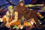  2boys arm_tattoo bara bare_shoulders beard blonde_hair box christmas cigar ded_(housamo) facial_hair frown gift gift_box gloves highres male_focus mature_male multicolored_hair multiple_boys necktie onogami_tetsuya pectoral_cleavage pectorals scar scar_across_eye short_hair sleeveless sleeveless_jacket smile snowflakes suit sunglasses tattoo tokyo_afterschool_summoners undercut yoshiyuki_(nein69yoshiyuki) 