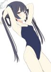  1girl armpits arms_up black_hair blue_archive blue_one-piece_swimsuit braid braided_bun breasts butterfly_hair_ornament covered_navel double_bun grey_eyes hair_bun hair_ornament halo highleg kisaki_(blue_archive) long_hair looking_at_viewer one-piece_swimsuit school_swimsuit simple_background small_breasts solo swimsuit twintails white_background yamasan 