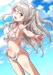  1girl bikini blue_sky breasts brown_eyes cleavage cloud conte_di_cavour_(kancolle) cowboy_shot fuji_(pixiv24804665) grey_hair highres kantai_collection long_hair looking_at_viewer medium_breasts o-ring o-ring_bikini o-ring_bottom open_mouth sky smile solo striped striped_bikini swimsuit two_side_up underboob v white_bikini 