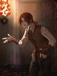  1boy black_pants brown_vest circle_of_inevitability dated fingerless_gloves fire gloves highres indoors medium_hair pants parted_lips ponytail red_eyes red_hair shirt signature solo vest wall_lamp white_shirt yigexiaohao39986 