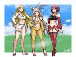  3girls :d absurdres animal_ear_fluff animal_ears blue_sky blurry blurry_background blush breasts cleavage cloud collarbone commentary day depth_of_field english_commentary grass grey_hair grin hand_on_own_hip headpiece high_heels highleg highleg_panties highres izaiah large_breasts long_hair looking_at_viewer multiple_girls mythra_(xenoblade) navel nia_(xenoblade) panties pants pleated_skirt pyra_(xenoblade) red_eyes red_footwear red_hair red_panties red_shorts red_thighhighs ribbed_pants shoes short_shorts shorts signature skirt sky smile thighhighs underwear very_long_hair white_footwear white_panties white_skirt xenoblade_chronicles_(series) xenoblade_chronicles_2 yellow_eyes yellow_pants 