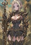  1girl absurdres armor armored_boots armored_skirt blonde_hair blue_eyes boots breasts elf garter_straps gauntlets highres holding holding_sword holding_weapon looking_at_viewer medium_breasts original pointy_ears sabamiso_taro short_hair shoulder_armor solo standing sword thigh_boots weapon 