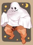  1boy arms_up bar_censor bara barefoot censored flaccid foreskin ghost_costume halloween highres kuro_nezumi_inu male_focus male_pubic_hair nude original penis pubic_hair testicles thick_thighs thighs translation_request 