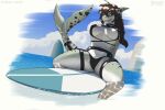  anthro bikini bodily_fluids braided_hair brown_hair camel_toe clothing cloud dripping feet_in_water female fin fish freckles genital_fluids genitals hair hi_res marine mostly_nude shark sitting skipsy sky smile solo spread_legs spreading surfboard swimwear sylvia_shoal tail tail_fin water 