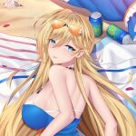  1girl beach_towel bianka_durandal_ataegina bikini blonde_hair blue_eyes blue_one-piece_swimsuit breasts can eyewear_on_head feng_mouren from_behind glasses hair_between_eyes honkai_(series) honkai_impact_3rd large_breasts long_hair looking_back one-piece_swimsuit orange-tinted_eyewear petals sand seashell shell soda_can solo strapless swimsuit tinted_eyewear towel upper_body 