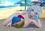  1girl ball beach beachball completely_nude ddg3420 furina_(genshin_impact) genshin_impact highres light_smile lying nude short_hair summer 