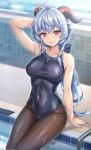  1girl ahoge bell blue_hair bodystocking breasts closed_mouth commentary_request covered_navel cowbell ganyu_(genshin_impact) genshin_impact goat_horns highres horns kotatsu_(kotatsu358) long_hair looking_at_viewer medium_breasts pantyhose school_swimsuit sitting skin_tight swimsuit 