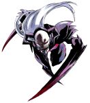  absurdres arm_blade armor bleach highres hollow_(bleach) hollow_mask horns incoming_attack ken&#039;ichi_(ken1ro_u) long_hair looking_at_viewer mask monster open_mouth red_eyes shoulder_armor solo weapon white_(bleach) white_background white_hair 
