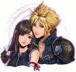  1boy 1girl absurdres arm_ribbon bare_shoulders black_gloves black_vest blue_eyes closed_mouth cloud_strife commentary commission couple cropped_torso earrings english_commentary final_fantasy final_fantasy_vii final_fantasy_vii_advent_children gloves hand_on_another&#039;s_shoulder head_tilt heads_together height_difference highres jewelry lips long_hair looking_at_viewer popped_collar red_eyes red_ribbon ribbed_shirt ribbon shirt short_hair signature single_earring single_shoulder_pad single_sidelock sleeveless sleeveless_shirt smile spiked_hair stud_earrings swept_bangs tank_top teardrop_earrings tifa_lockhart upper_body vest watermark white_tank_top xriviia zipper 