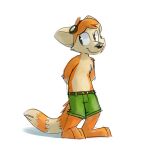  anthro barefoot belt black_nose clothed clothing eyewear feet fur goggles hands_behind_back hi_res male orange_body orange_fur pants_only simple_background solo tan_body tan_fur tinydeerguy topless white_background 