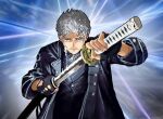  1boy blue_background blue_coat blue_eyes closed_mouth coat devil_may_cry_(series) devil_may_cry_5 fingerless_gloves gloves holding holding_sword holding_weapon kagurabachi katana male_focus parody short_hair simple_background solo style_parody subakeye sword vergil_(devil_may_cry) weapon white_background white_hair yamato_(sword) 
