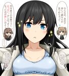  3girls :&lt; arashio_(kancolle) arashio_kai_ni_(kancolle) asashio_(kancolle) asashio_kai_ni_(kancolle) black_hair blonde_hair blue_bra blue_eyes blush bra breasts brown_eyes brown_hair buttons commentary_request double_bun dress hair_bun highres kantai_collection long_hair long_sleeves michishio_(kancolle) michishio_kai_ni_(kancolle) multiple_girls neck_ribbon open_clothes open_shirt photoshop_(medium) pinafore_dress revision ribbon shirt short_twintails sleeveless sleeveless_dress small_breasts sweatdrop training_bra translated twintails underwear uron-rei white_shirt yellow_eyes 